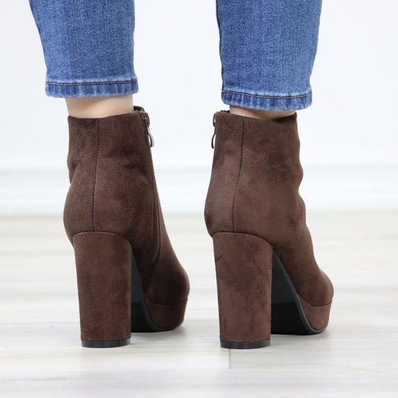 Brown Platform Suede Ankle Booties Block Heeled Boots - Picture 6 of 12
